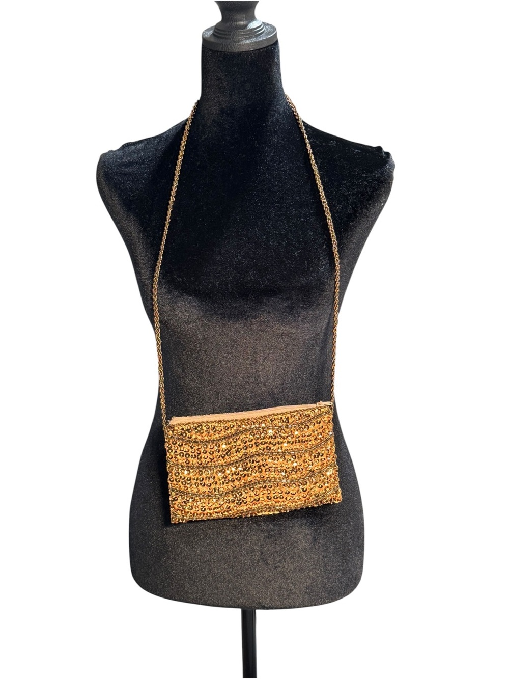 Bronze Sequin Beaded Crossbody Evening‎ Bag Wavy Pattern Satin Lined Clutch